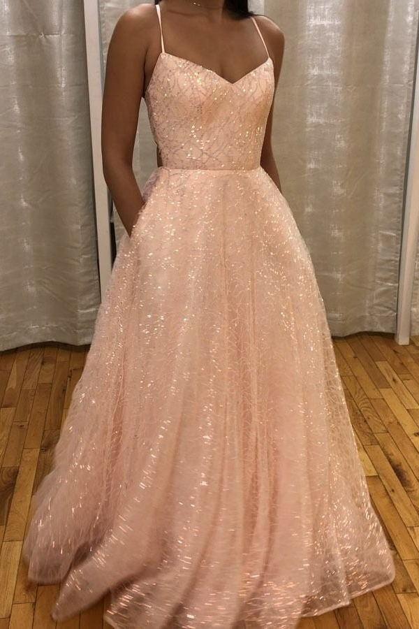 sparkly pink prom dresses long a-line backless formal gown with pocket dtp57