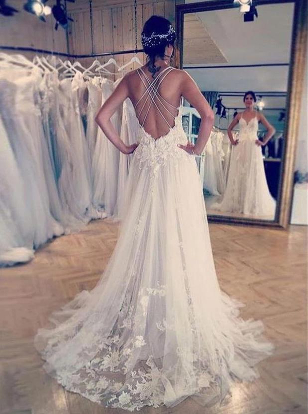 spaghetti straps lace appliques bridal dresses a-line backless wedding dresses dtw382