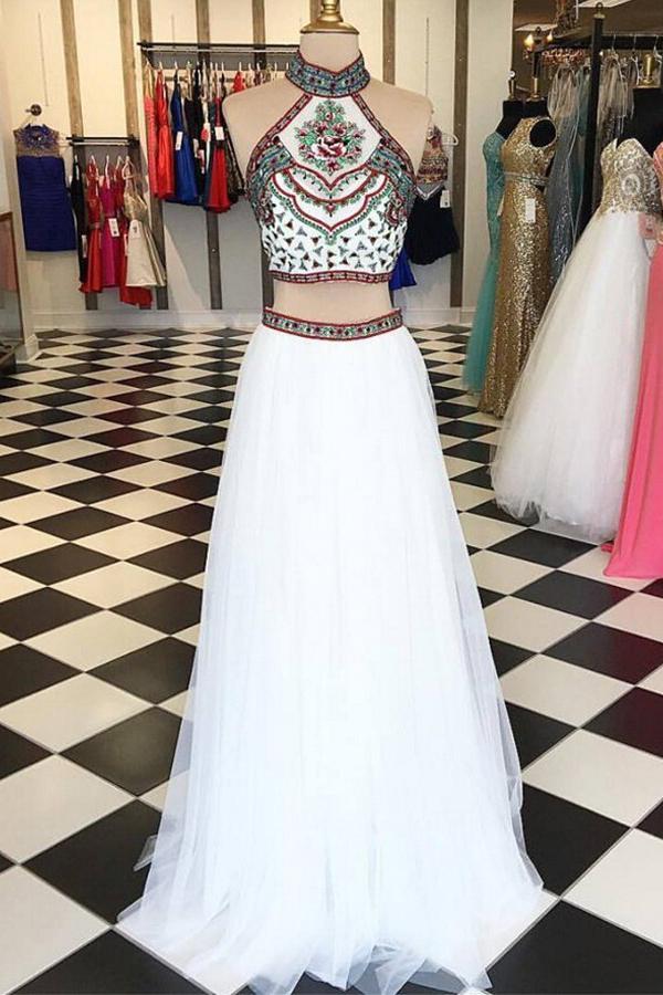 Halter Neck Two Piece Prom Dress Beading Embroidery Graduation Dress DTP218 DressTok.co.uk Halter Neck Two Piece Prom Dress Beading Embroidery Graduation Dress DTP218 DressTok.co.uk