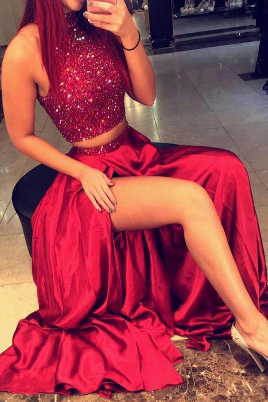 two piece prom dresses high neck beading evening dress with slit dtp89
