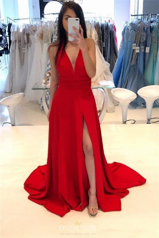 red satin evening gown with slit a-line v-neck red simple long prom dress dtp689