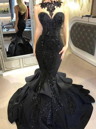 Trumpet/Mermaid Black Long Prom Dresses, Appliqued Beaded Evening Dress