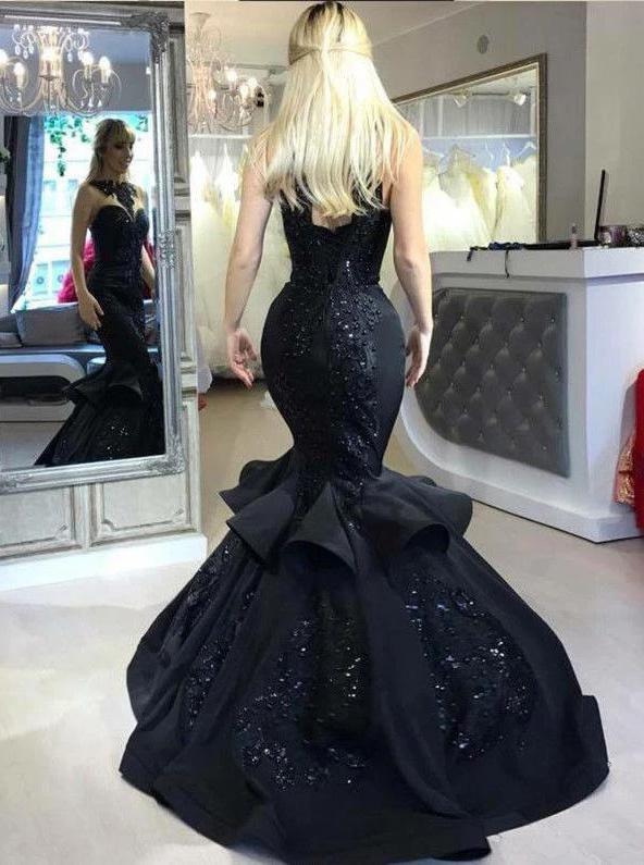 appliqued beaded evening dress trumpet/mermaid black long prom dresses dtp892
