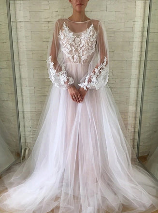 Gorgeous A-line Bateau Long Puff Sleeves Wedding Dress With Appliques