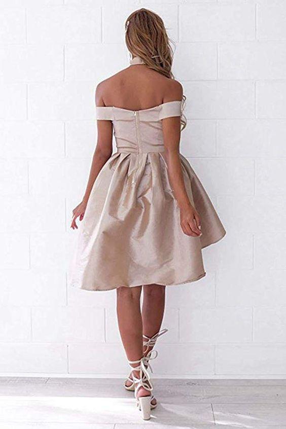 A-Line Off-the-Shoulder Satin Asymmetry Hi-Lo Prom Dress with Pleats
