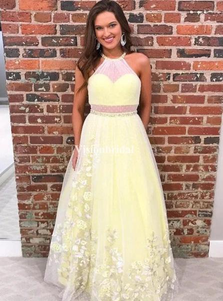 a-line halter yellow long prom dress with appliques beading dtp902