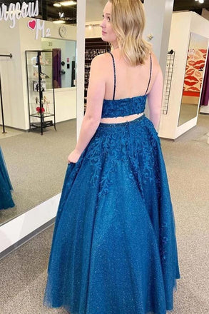 Sparkle Tulle Appliques Two Piece Royal Blue Prom Formal Dresses