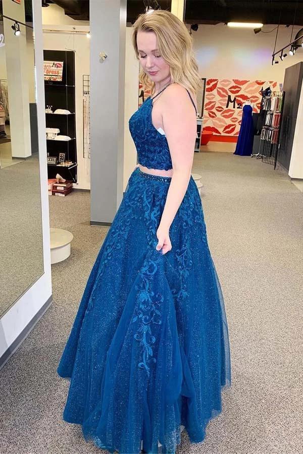 sparkle tulle appliques two piece royal blue prom formal dresses dtp1066
