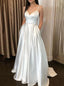 Simple Satin A-line Ivory Spaghetti Straps Long Prom Dresses With Pockets