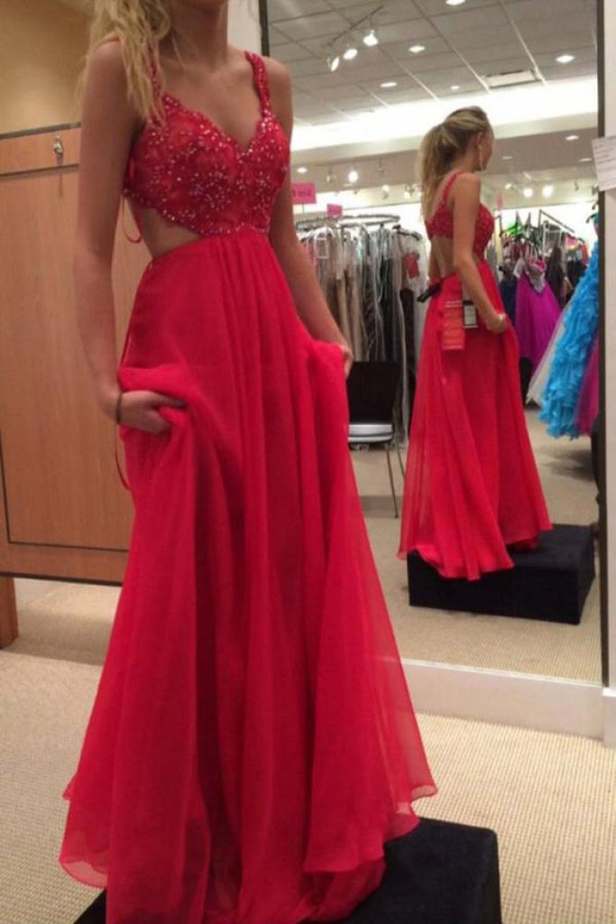 spaghetti strap lace bodice chiffon red long prom gown dtp549