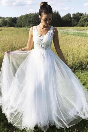 white a-line v-neck tulle elegant wedding dress with lace top dtw99