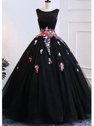 Tulle Appliqued Black Long Prom Dress, Ball Gown Formal Dress