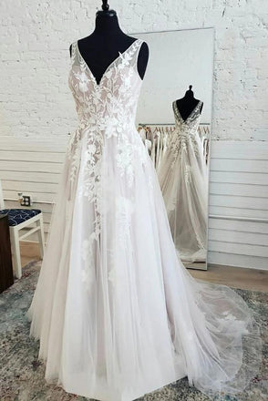a-line v-neck lace appliques bridal gown tulle plus size wedding dresses dtw381