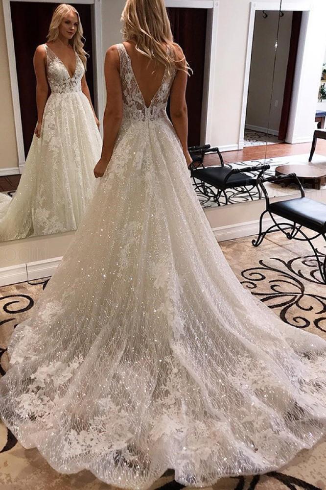 a-line deep v-neck sparkle wedding dress with appliques dtw345