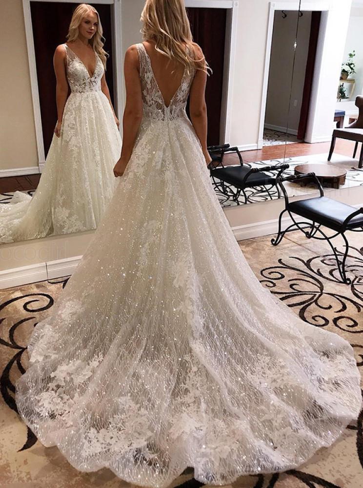 Elegant A-line Deep V-neck Sparkle Wedding Dress With Appliques