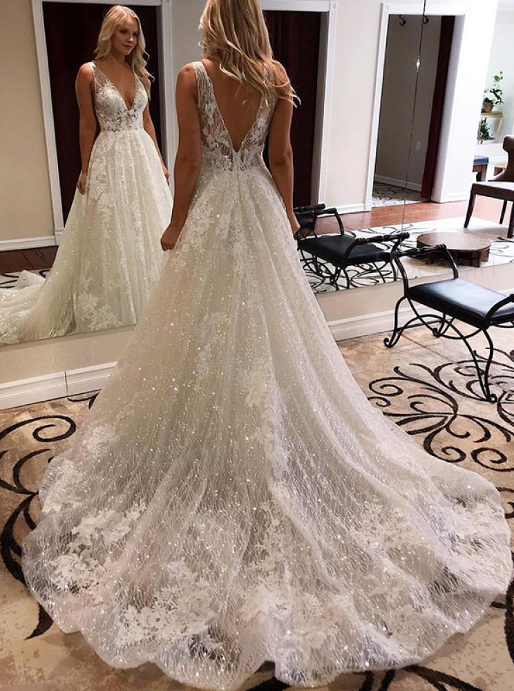 glitter wedding dress uk A-line Sweetheart Glitter Sweep Train Wedding Dresses With Split Front