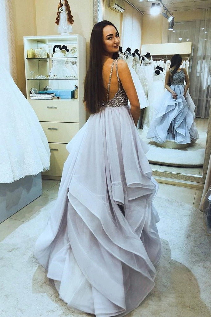 A-Line Square Neck Tulle Ruffled Backless Long Prom Dresses With Beading
