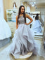 A-Line Square Neck Tulle Ruffled Backless Long Prom Dresses With Beading