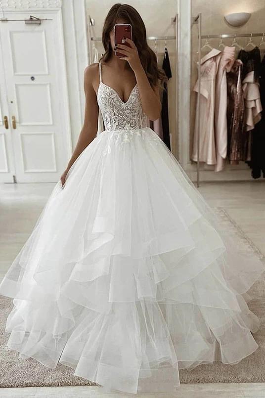 A Line V neck Sleeveless Wedding Dress With Beaded Appliques