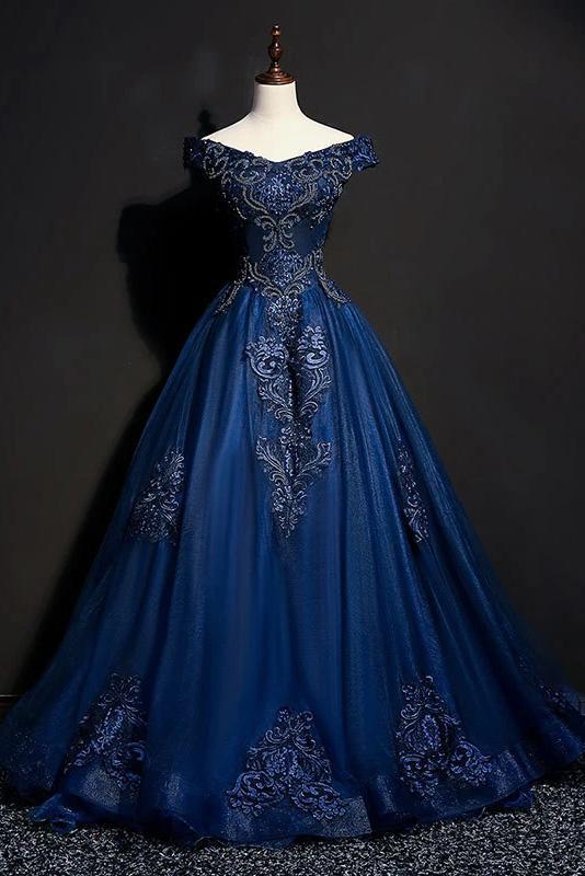Elegant Offf-Shoulder Formal Dress Royal Blue Long Prom Dresses With Lace Appliques DTP941 DressTok.co.uk Elegant Offf-Shoulder Formal Dress Royal Blue Long Prom Dresses With Lace Appliques DTP941 DressTok.co.uk