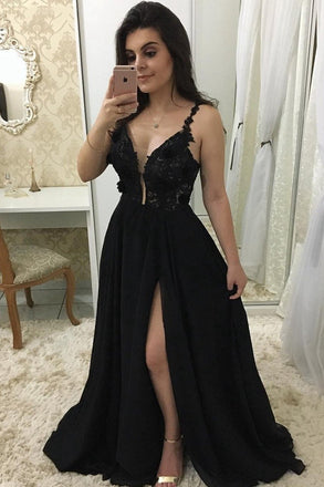 sexy split black evening dress black long prom dress with appliques dtp1048