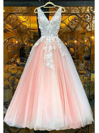 A-line V-neck Tulle Appliqued Floor Length Prom Dresses