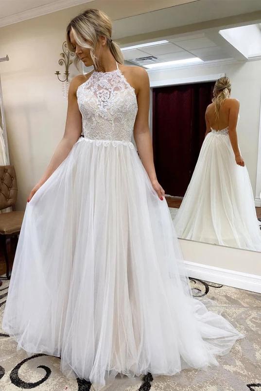 a-line halter tulle wedding dress with lace backless beach wedding dress dtw116