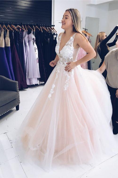 a-line v-neck tulle long prom dresses with 3d floral appliques dtp832