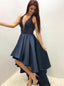 Navy Blue High-low Satin Beaded Bodice Prom Party Dresses