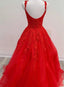 Straps Square Tulle Red Long Prom Dresses, Appliqued Beaded Formal Dress