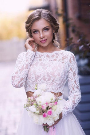 Tulle Boho Wedding Dresses Two Piece Lace Long Sleeves Bridal Gown
