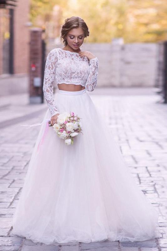 Tulle Boho Wedding Dresses Two Piece Lace Long Sleeves Bridal Gown