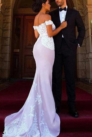 off-the-shoulder mermaid bridesmaid dresses with lace appliques dtb228