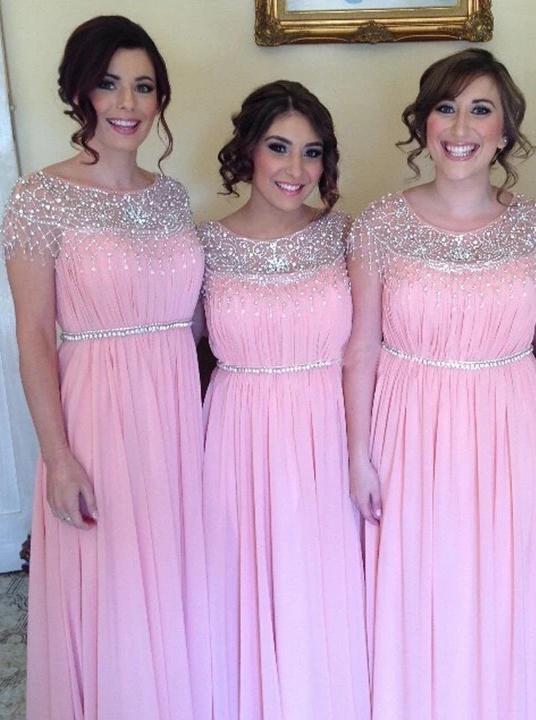 a-line scoop neckline long pink bridesmaid dresses with beading dtb227