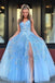 light blue beaded appliques backless prom dresses with slit dtp568