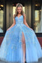 Light Blue Beaded Appliques Backless Prom Dresses With Slit