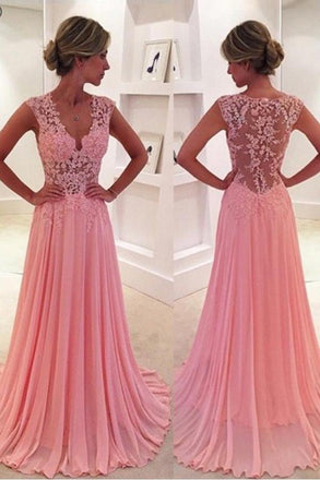 lace applique v-neck pink chiffon long formal prom dress dtp46