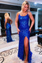 Mermaid Royal Blue Sequin Long Prom dresses With Slit, Sparkly Long Evening Dresses