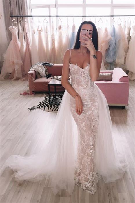 sparkly mermaid wedding gown lace wedding dress with tulle detachable train dtw53