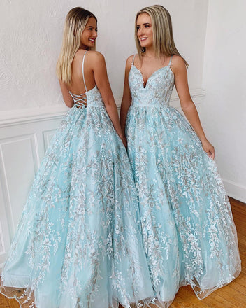 spaghetti straps tulle v-neck long prom dresses with beaded appliques dtp574