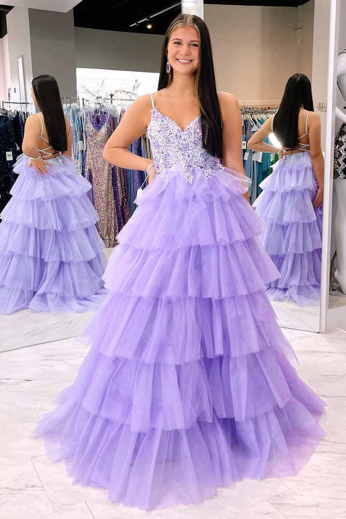 Lace Spaghetti-straps Multi-Tiered V-Neck Sleeveless Long Prom Evening Dresses