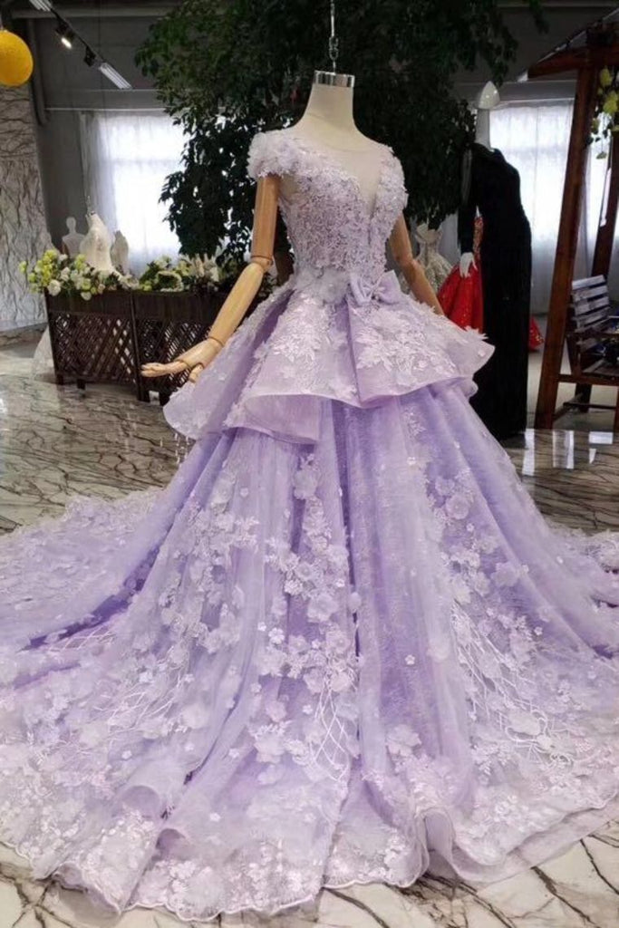 Princess Lilac Beaded Quinceanera Gown 3D Floral Appliques Ball Gown