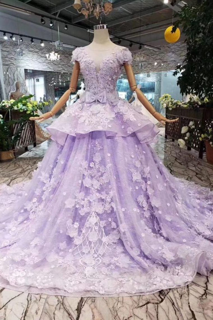 Princess Lilac Beaded Quinceanera Gown 3D Floral Appliques Ball Gown
