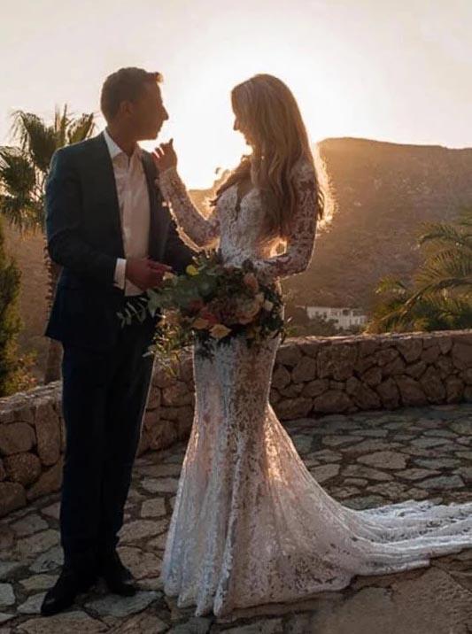 Backless Mermaid Lace Wedding Dresses, Long Sleeve Boho Bridal Gowns