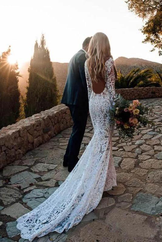 Backless Mermaid Lace Wedding Dresses, Long Sleeve Boho Bridal Gowns