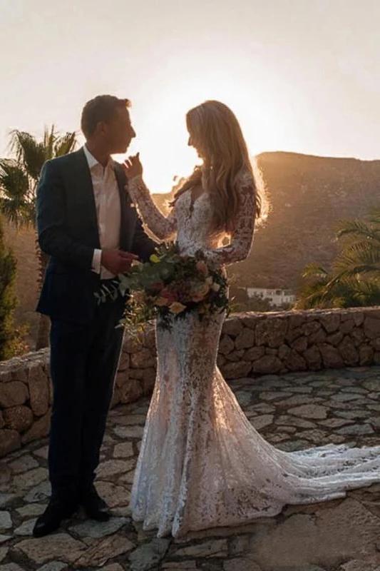 Long Sleeve Boho Bridal Gowns Backless Mermaid Lace Wedding Dresses DTW291 DressTok.co.uk Long Sleeve Boho Bridal Gowns Backless Mermaid Lace Wedding Dresses DTW291 DressTok.co.uk