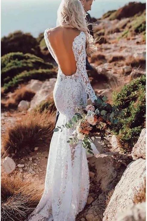 Backless Mermaid Lace Wedding Dresses, Long Sleeve Boho Bridal Gowns