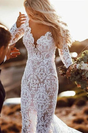 Backless Mermaid Lace Wedding Dresses, Long Sleeve Boho Bridal Gowns