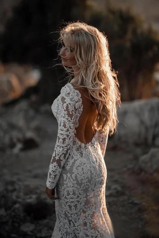 Backless Mermaid Lace Wedding Dresses, Long Sleeve Boho Bridal Gowns