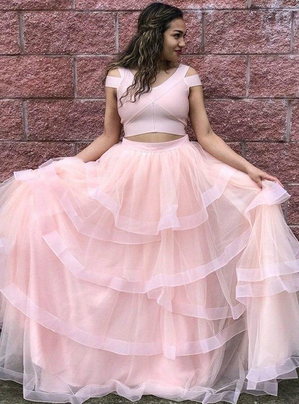 Princess Sweet 16 Dress With Layered, Two Piece V-neck Tulle Pink Prom Dress